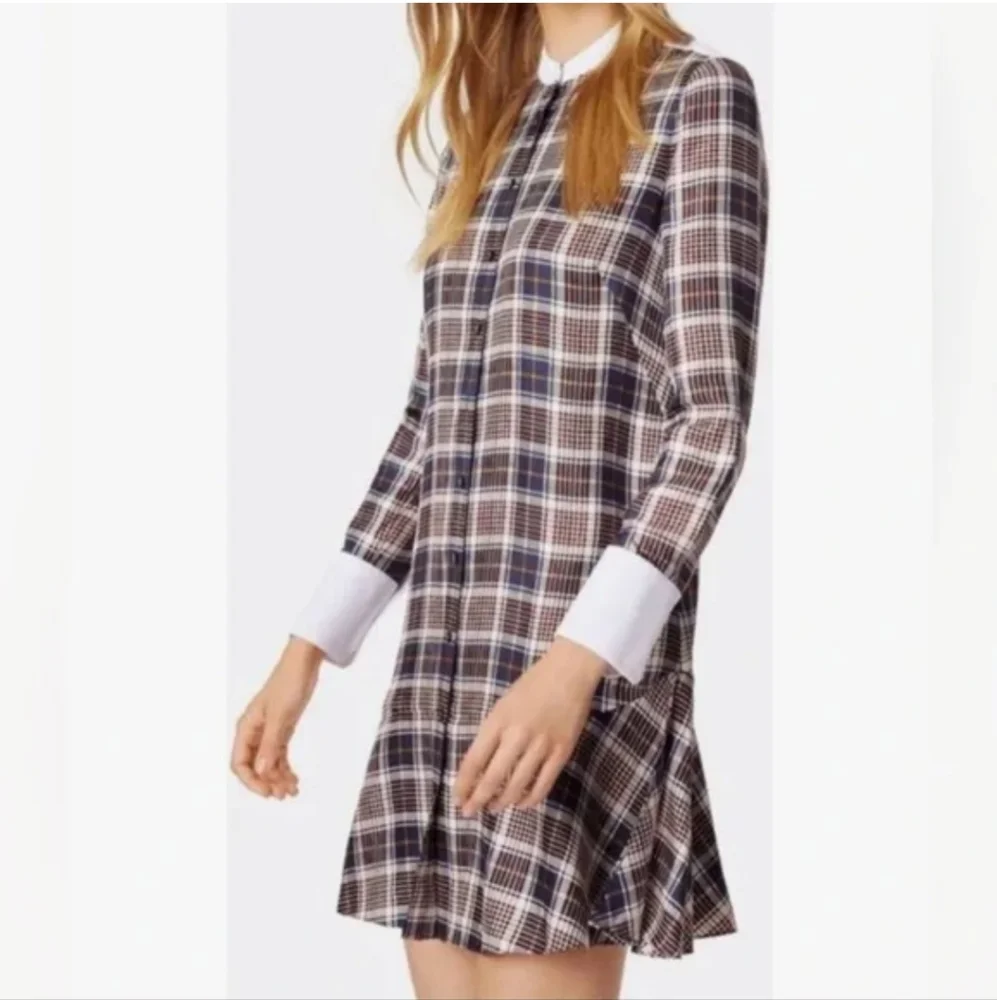 NWT Tory Burch Cora Milano Tartan Silk Mini Brown Blue Shirt Dress Plaid Size 6